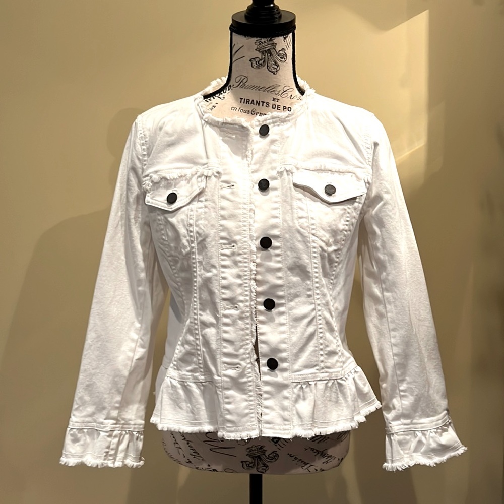 Ann Taylor White Distressed Peplum Jean Jacket